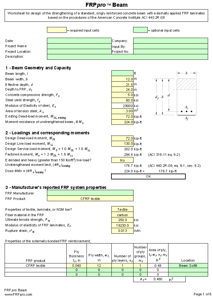 FRPpro software screenshot for the design of FRP composite strengthening and reinforcement of structures